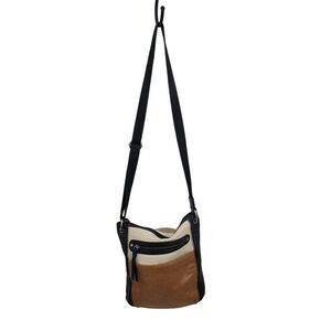 The Sak Leather‎ Crossbody Messenger Satchel Color Blocked Cream Brown Black